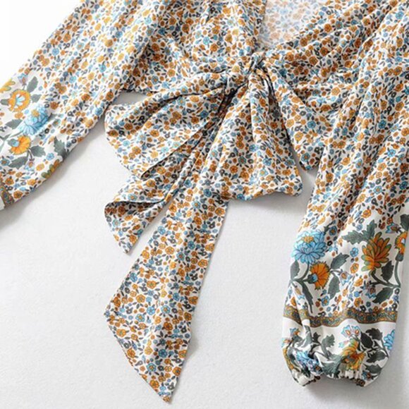 Floral Tie-Front Crop Top - Blue and Orange - Picture 9 of 10